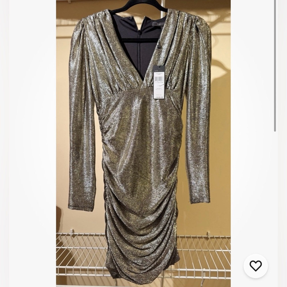 NWT- BCBGMaxAzria Gold and Silver Metallic Ruched Bodycon Dress V-Neck, xs